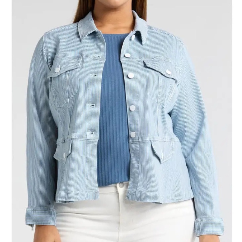 Liverpool Los Angeles
Women's denim Peplum Jacket in Chambray Stripe NWT